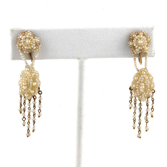 Pearl Tassel 14k Yellow Gold Screw Back Earrings
