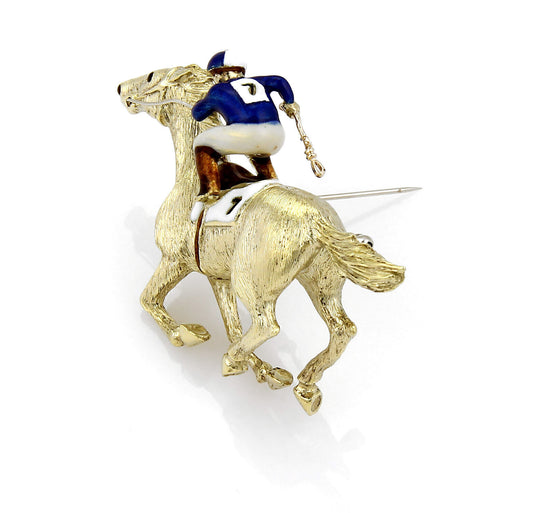 Martine Enamel Jockey & Race Horse Large 18k Yellow Gold Pin Brooch