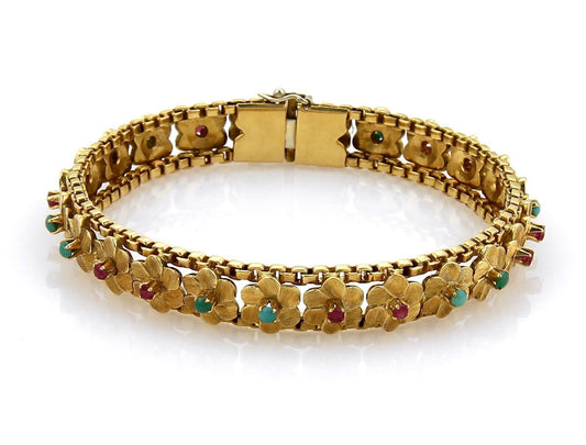Multi-Gems 18k Yellow Gold Floral Link Bracelet