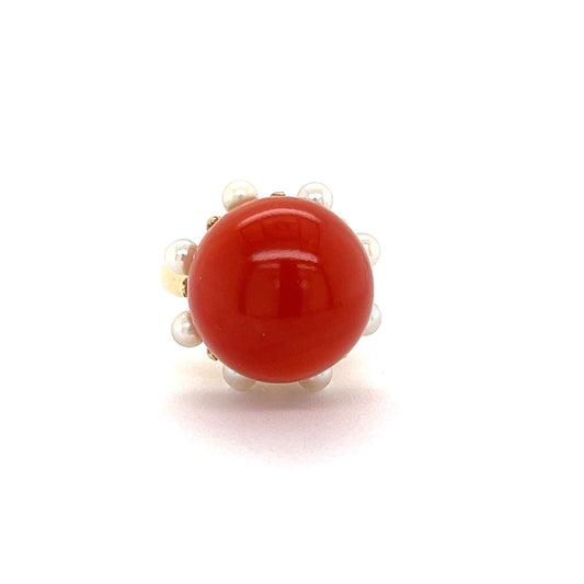 Coral & Seed Pearls Cocktail 14k Yellow Gold Ring - Size 5
