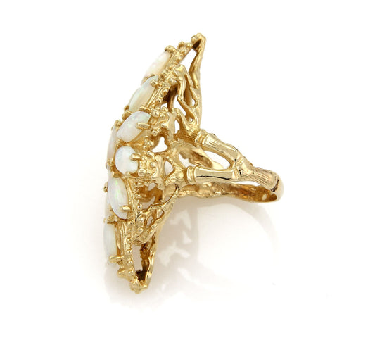 Marquise Fire Opal Floral Design Long Finger 14k Yellow Gold Ring - Size 5