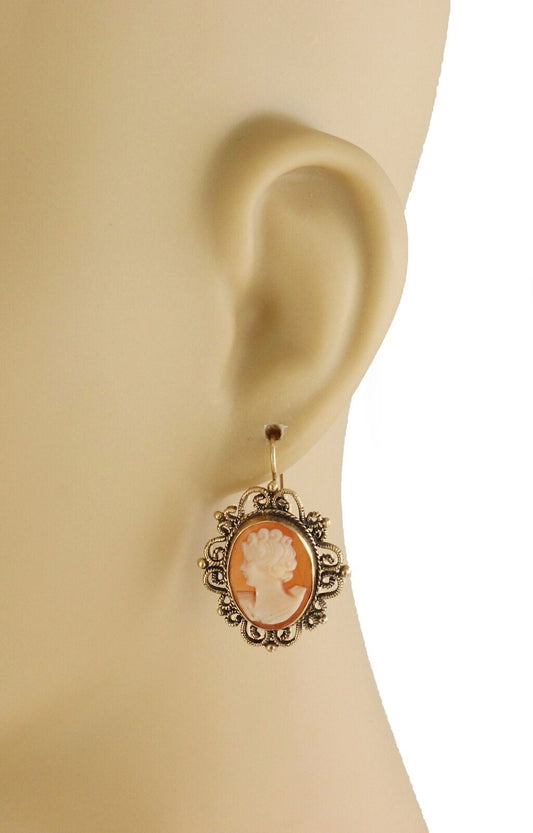 Shell Cameo 14k Yellow Gold Girl Fancy Hook Dangle Earrings