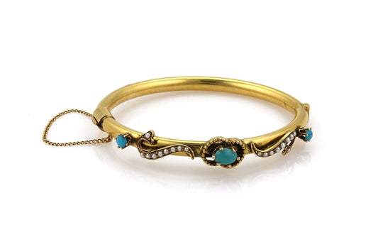 Turquoise & Seed Pearls 14k Yellow Gold Fancy Bangle Bracelet