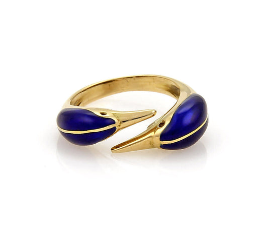 Two Birds Head Bypass 18k Yellow Gold & Enamel Ring - Size 6