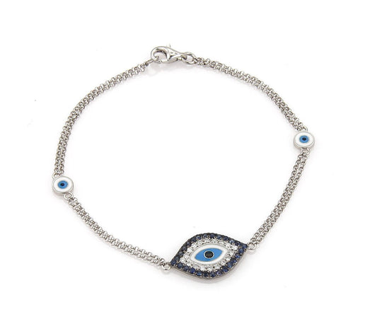 Diamond Sapphire & Enamel 18k White Gold Evil Eye Double Chain Bracelet