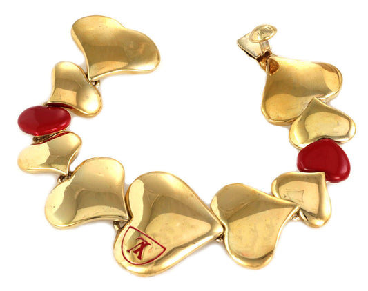 Louis Vuitton Gold Plated Red Enamel Heart Link Bracelet