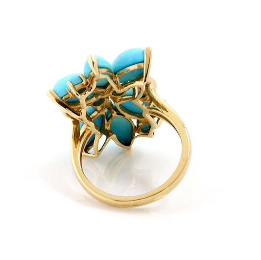 Turquoise & Diamond 14k Two Tone Gold Floral Ring - Size 8