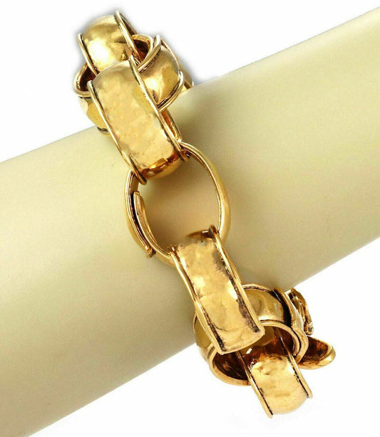 Chanel 92P Fashion Gold Plated Metal Large Hammered Oval Links Toggle Bracelet