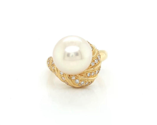 Mikimoto Pearl Diamond Swirl 18k Yellow Gold Ring