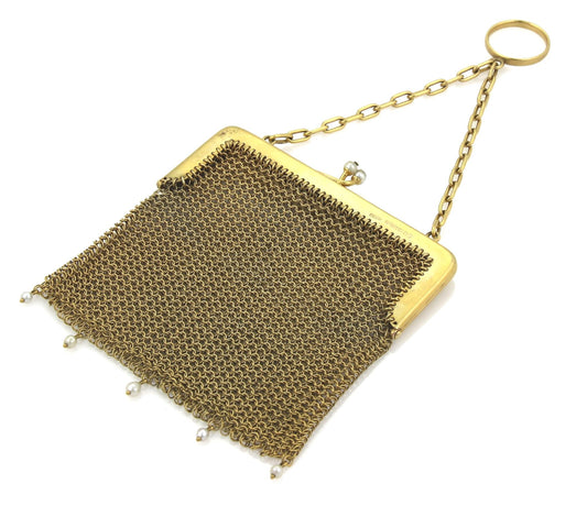 Victorian 9k Yellow Gold & Pearls Mesh Purse Bag Circa 1800s