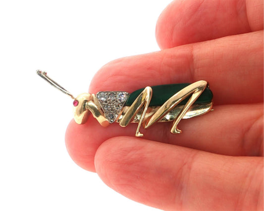Diamond Ruby Malachite 14k Yellow White Gold Grasshopper Figural Brooch