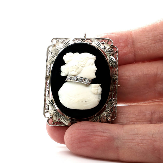 Cameo Onyx Diamond 14k White Gold Brooch Pendant