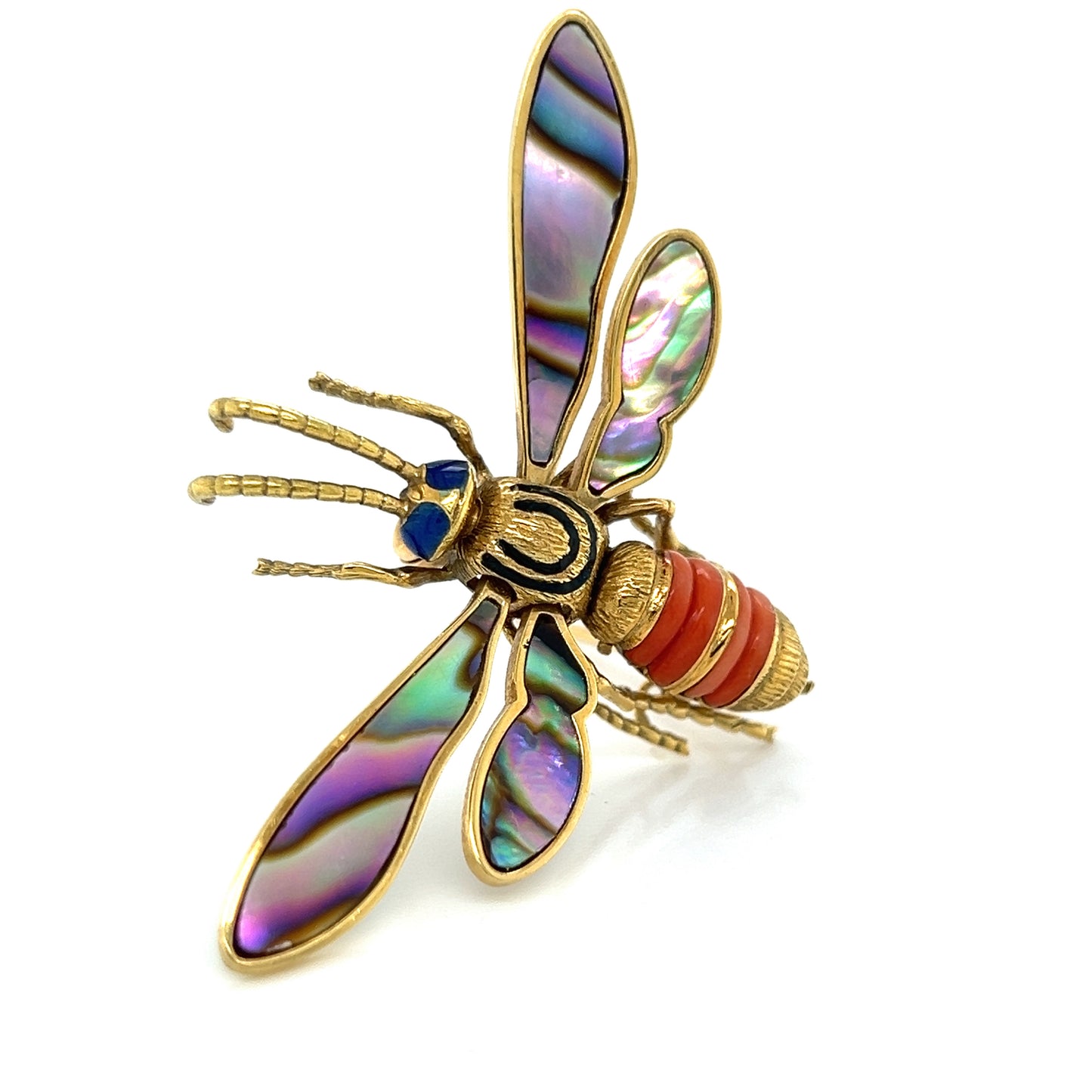 Coral Abalone Shell Lapis Fly Large Brooch 18K Yellow Gold Movable