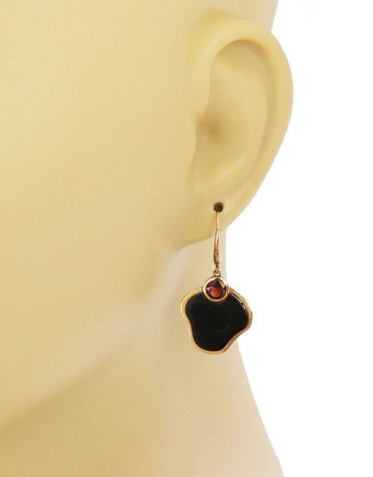Garnet Black Coral Flower 14k Yellow Gold Dangle Earrings