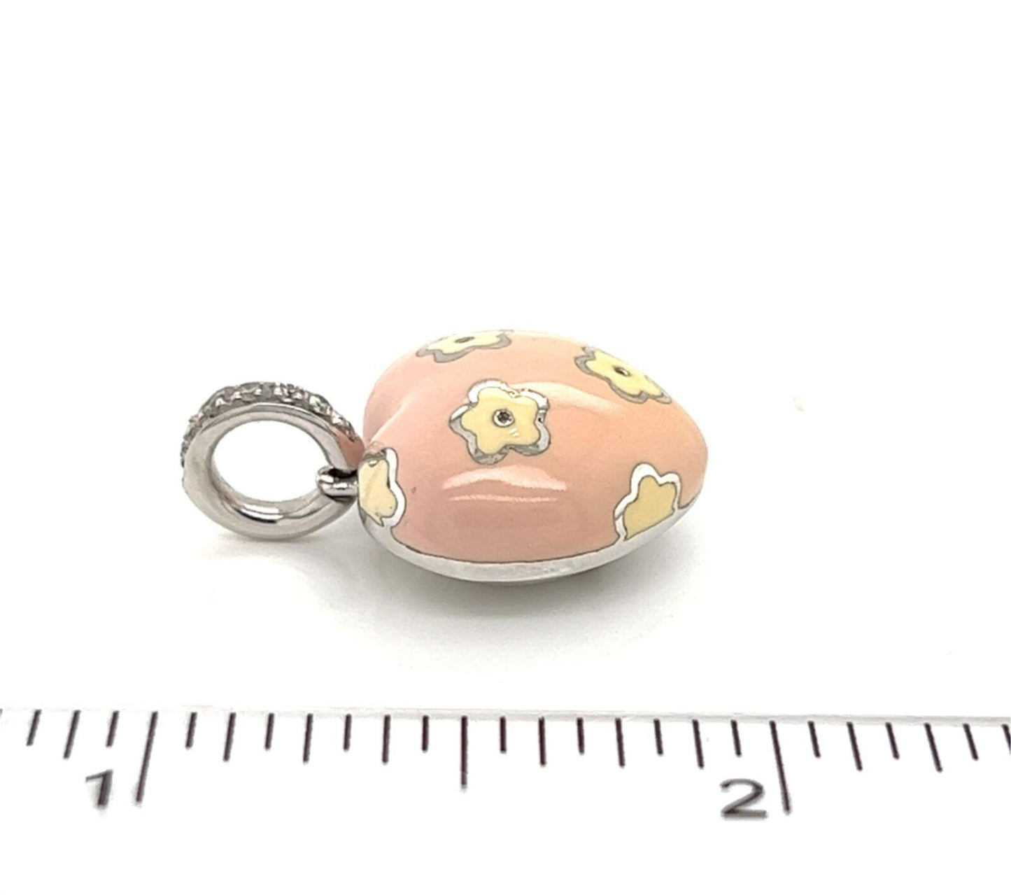 18k White Gold Enamel Floral Dome Heart Charm Pendant