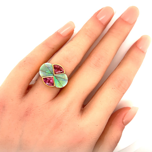 Kabana Opal & Pink Tourmaline  14k Yellow Gold Ring - Size 7