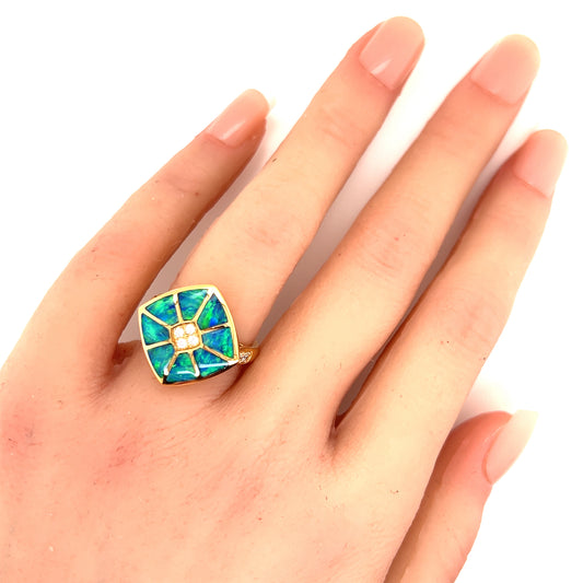 Kabana Fire Opal Inlay & Diamonds 18k Yellow Ring - Size 7