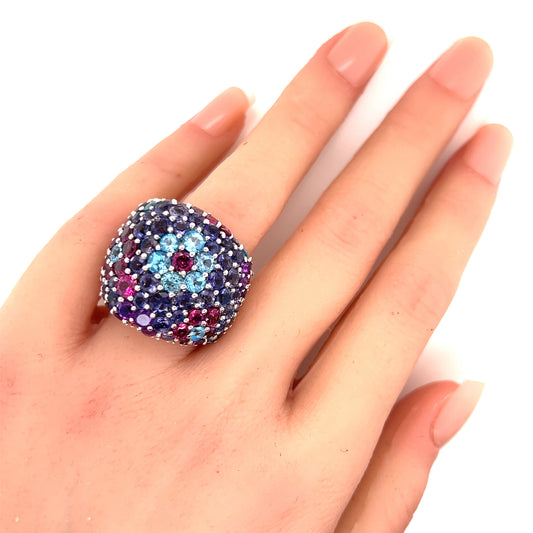 Pasquale Bruni 18k White Gold Multi Color Gems Dome Floral Ring - Size 7