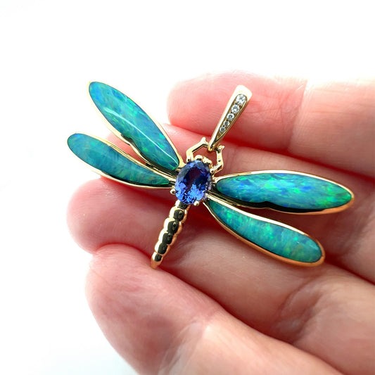 Kabana Opal Diamond Tanzanite 14k Yellow Gold Dragonfly Charm Pendant