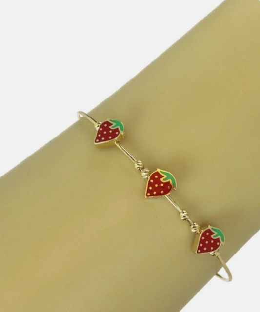Enamel Strawberry Expandable 14k Yellow Gold Baby Bangle Bracelet