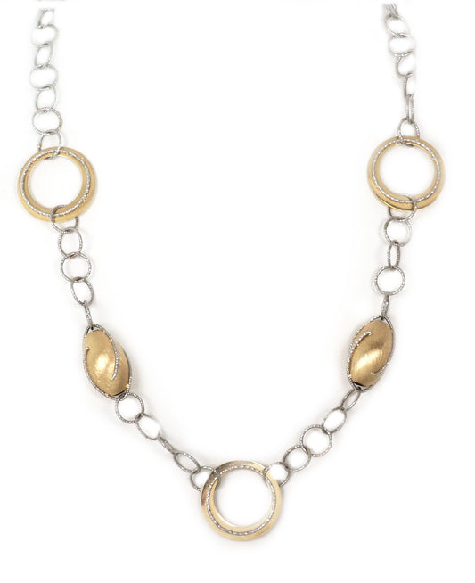 Oval Bead & Open Ring Fancy 14k Two Tone Gold Necklace