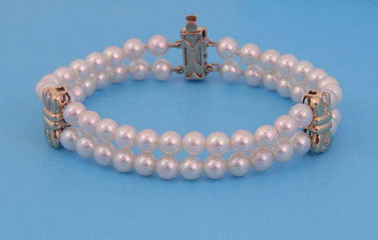 Mikimoto Pearl & Diamond 18k Yellow Gold Bow Motif 2 Strand Bracelet