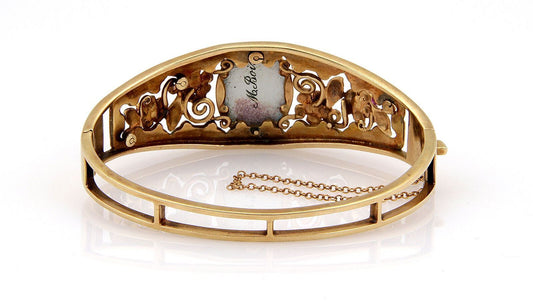 Woman Portrait 14k Gold Ruby Enamel Painted Porcelain Bangle Bracelet