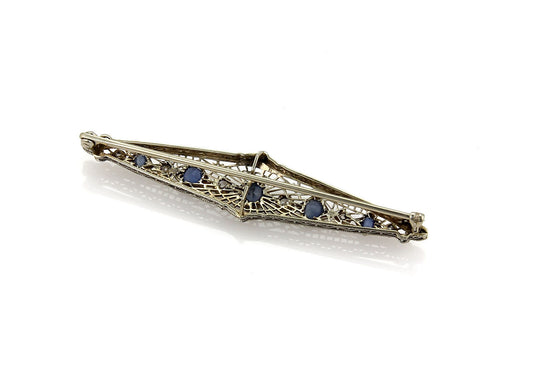 Art Deco Diamond & Sapphire 14k White Gold Filigree Brooch Pin