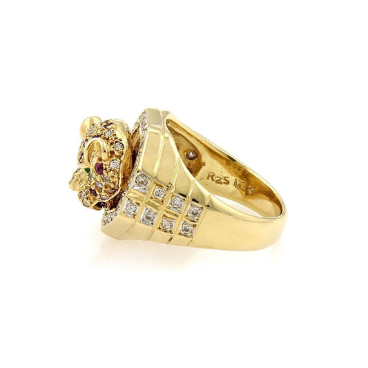 Tiger Head Diamond Ruby Emerald 18k Gold Moving Ring - Size 7.5