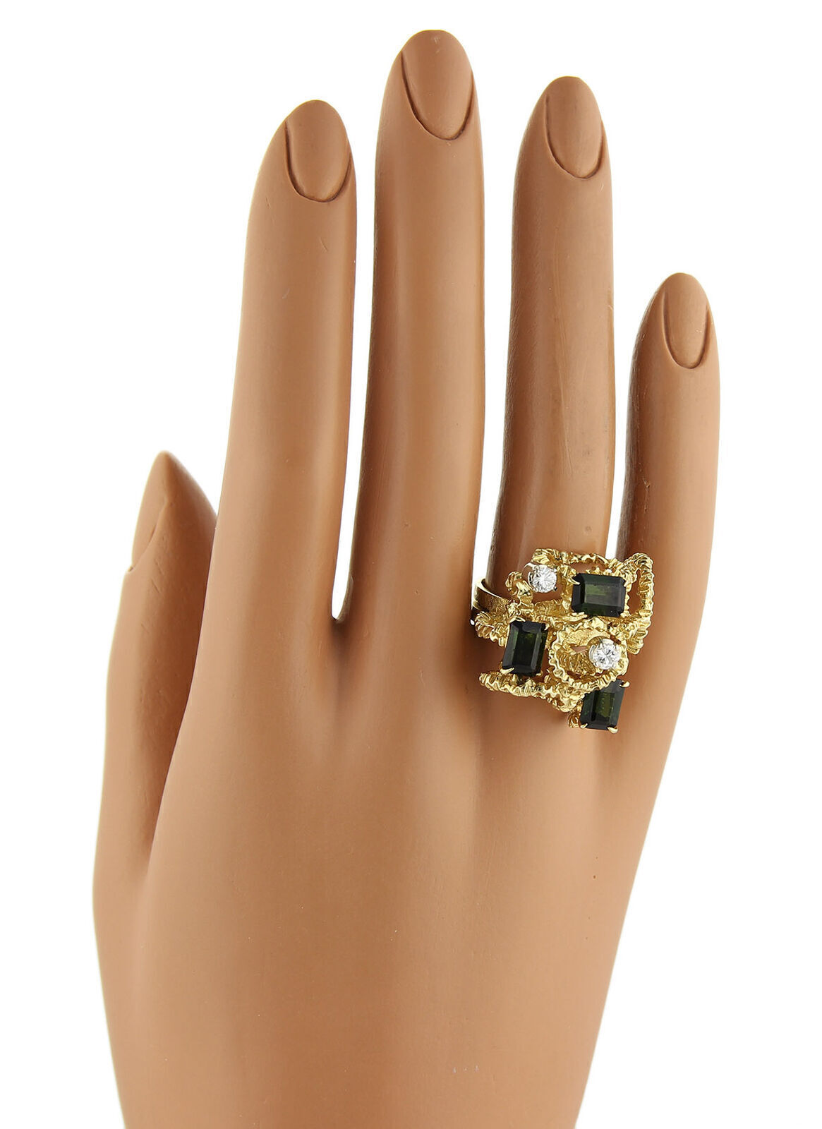 Diamond & Green Tourmaline 18k Yellow Gold Fancy Textured Ring - Size 7