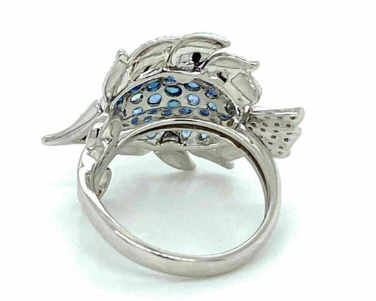 Sapphire & Diamond 14k White Gold Movable Fish Ring - Size 6.5
