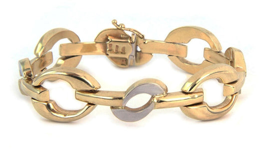 Wide Fancy 14k Two Tone Gold Link Bracelet