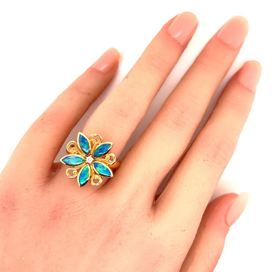 Kabana Diamond Fire Opal 14k Yellow Gold Flower Ring - Size 7.25