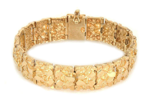 Wide 14k Yellow Gold Nugget Bracelet 8" Long