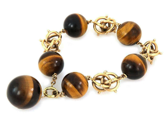 Tiger's Eye Large Bead Fancy Triple Ring 14k Yellow Gold Link Bracelet | Bracelets | Bracelets, catalog, Estate | Estate