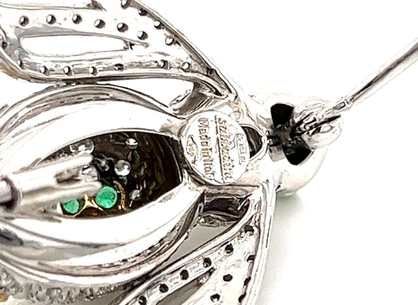 Sabbadini Diamond & Emerald 18k White Gold Bee Pin Brooch