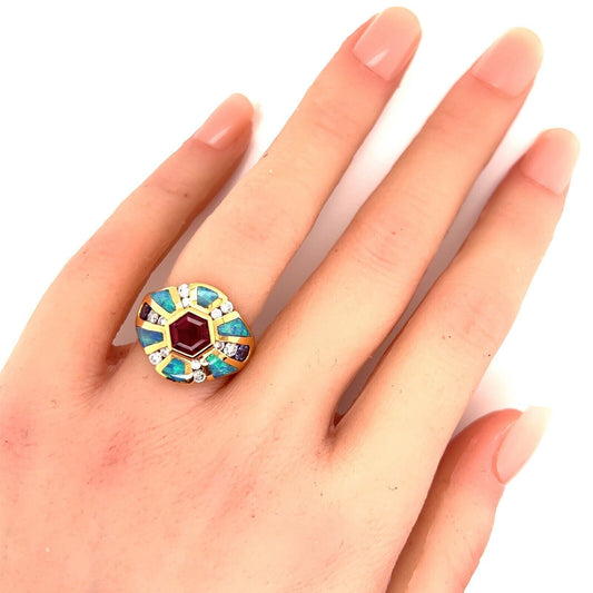 Kabana Diamond Fire Opal Tourmaline Iolite 14k Yellow Gold Ring - Size 6