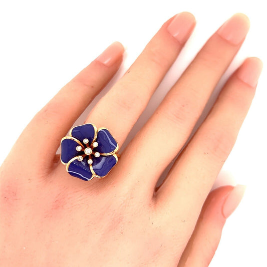 Rosato Diamond 18k Rose Gold Purple Enamel Flower Ring - Size 6.5