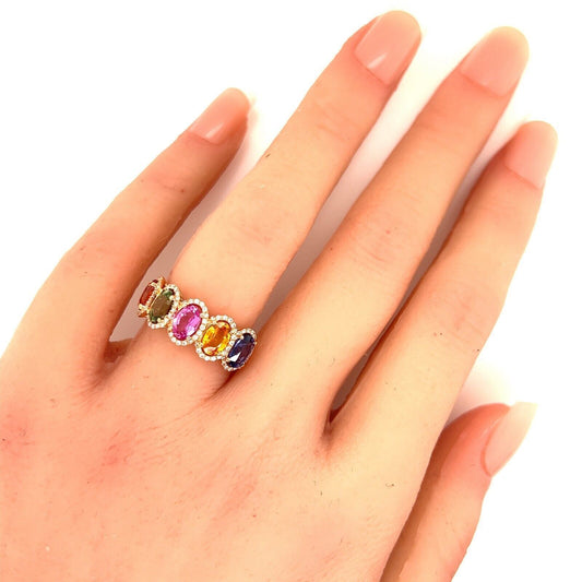 Multicolor Sapphire Diamond 18k Rose Gold Fancy Band Ring - Size 6
