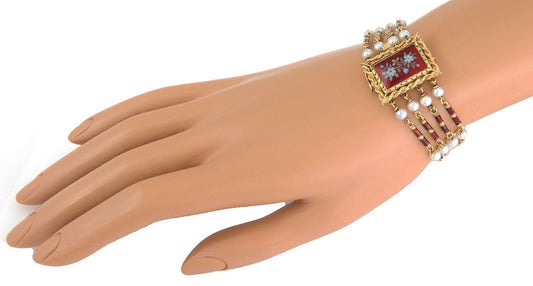 Pearls Enamel 18k Yellow Gold Floral Enhancer 4 Strand Link Bracelet