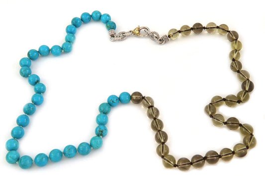 Judith Ripka Diamond Turquoise & Smoky Quartz Sterling & 18k Gold Bead Necklace