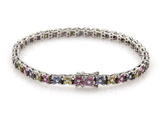 Pink Blue & Yellow Sapphire Star 18k White Gold Link Tennis Bracelet