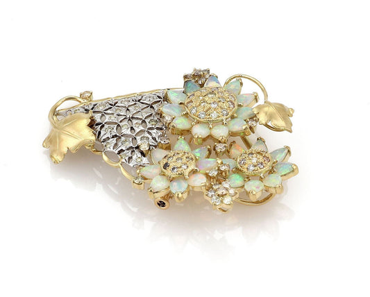 Fancy Diamond & Opal 18k Two Tone Gold Floral Vase Pendant Brooch Pin