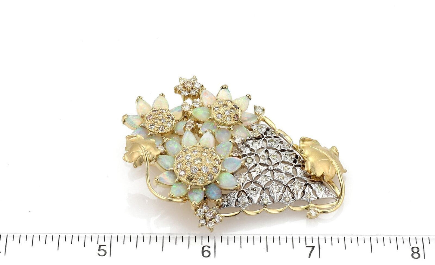 Fancy Diamond & Opal 18k Two Tone Gold Floral Vase Pendant Brooch Pin