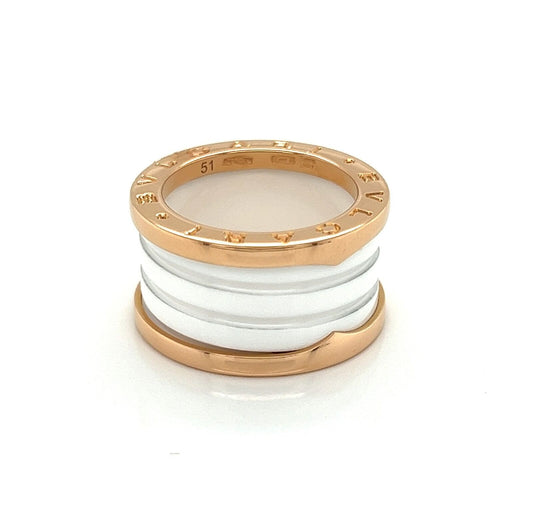 Bvlgari B.zero1 Four Band  18k Rose Gold & White Ceramic Ring - Size 5