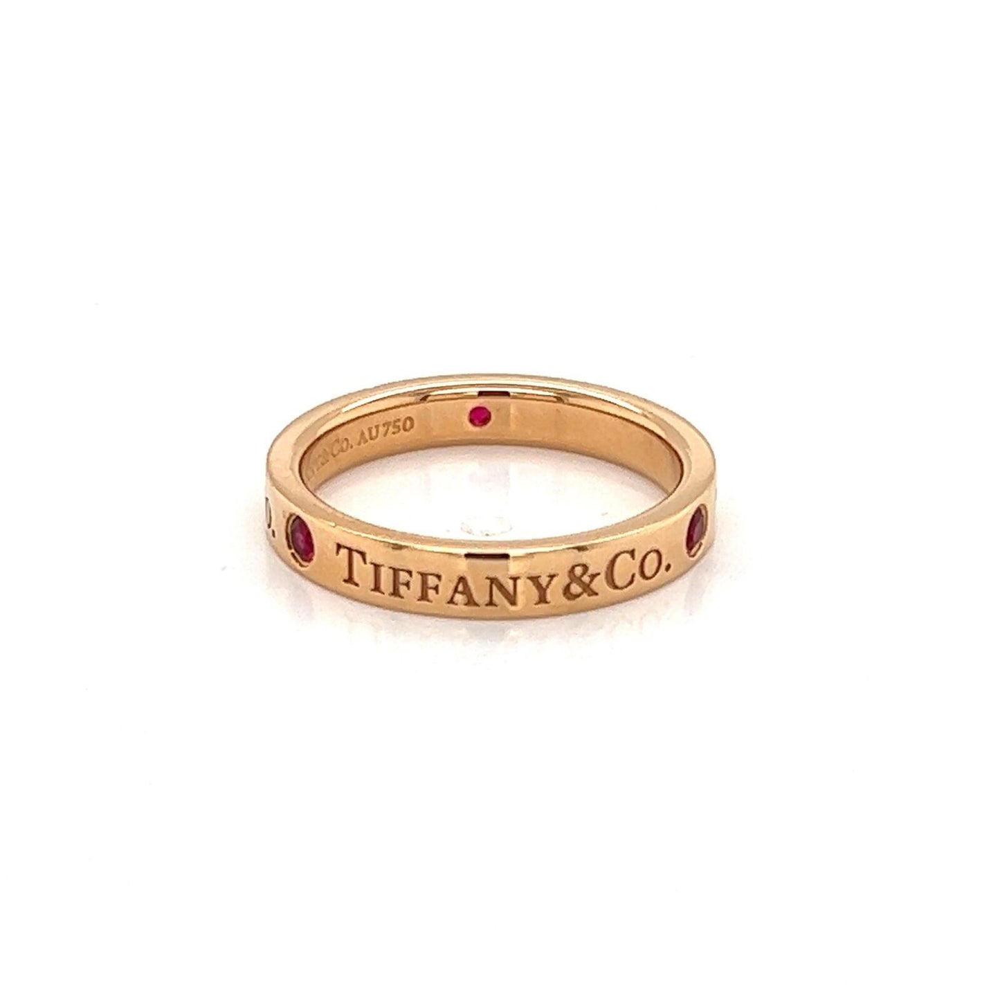 Tiffany & Co. Signature 3 Ruby 18k Rose Gold Flat Wedding Band Ring - Size 4.5