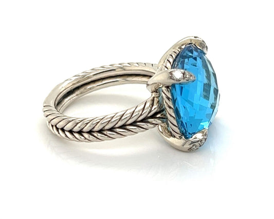 David Yurman Chatelaine Diamond Blue Topaz Sterling Silver Ring - Size 7