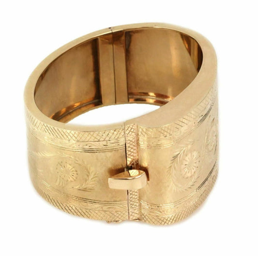 Fancy Wide Hinged 14k Yellow Gold Bangle Bracelet