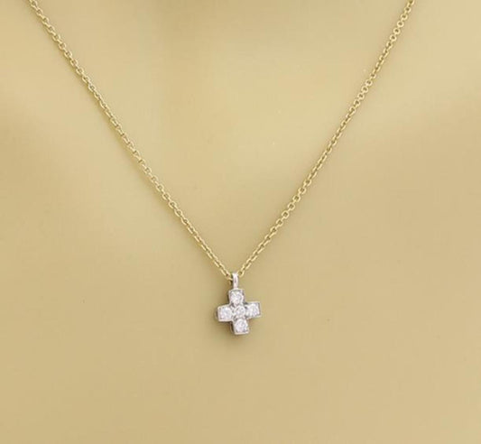 Tiffany & Co. Mini Cruciform Diamond Platinum & 18k Gold Cross Pendant Necklace 16"