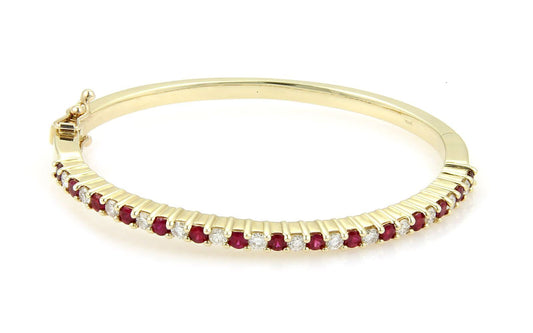 Diamond & Rubies 14k Yellow Gold Oval Shape Hinged Bangle Bracelet 6"